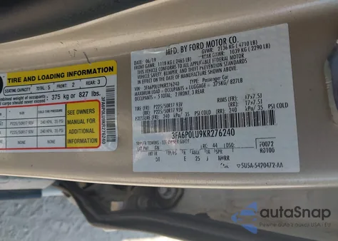 2019 Ford Fusion Hybrid Se из США, поврежденный, VIN 3FA6P0LU9KR276240